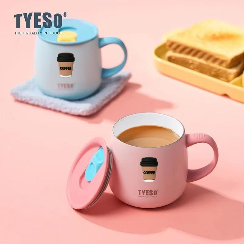 TYESO 355ml Double Wall Vacuum Insulated Mug with Ceramic Coating Inner One-Handed Open Lid Coffee Cup for Hot Cold Drinks with Coffee Sticker