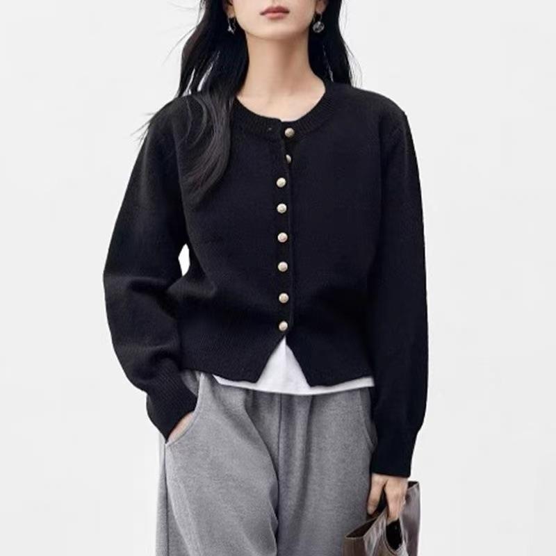 New single-breasted simple solid color round neck long-sleeved knitted cardigan women's versatile temperament sweater cardigan women's