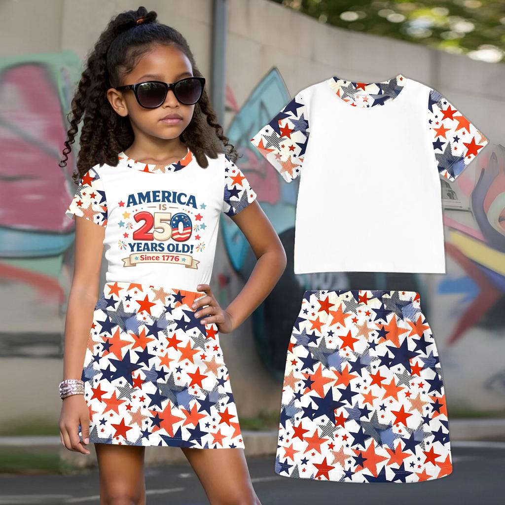 Girls Casual Two Piece Set Short Sleeve Crew Neck Top with Star Pattern Skirt Lightweight Summer Outfit for Kids