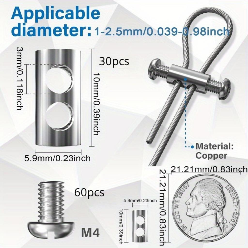 30pcs Stainless Steel Wire Rope Clamps with Screws - Double Hole Cable Crimping Ring Accessories, Adjustable and Reusable, Ideal for 1-2.5mm Steel