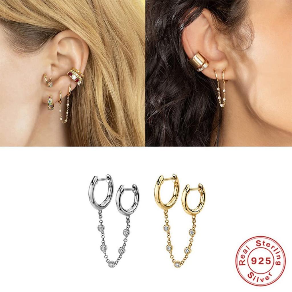 Rockyu Earrings for Double Hoop Chain Large and Small Ring Double Ring Silver Accessories Women, Zirconia, Earrings, Earrings, Hoop, Chain, Earrings,
