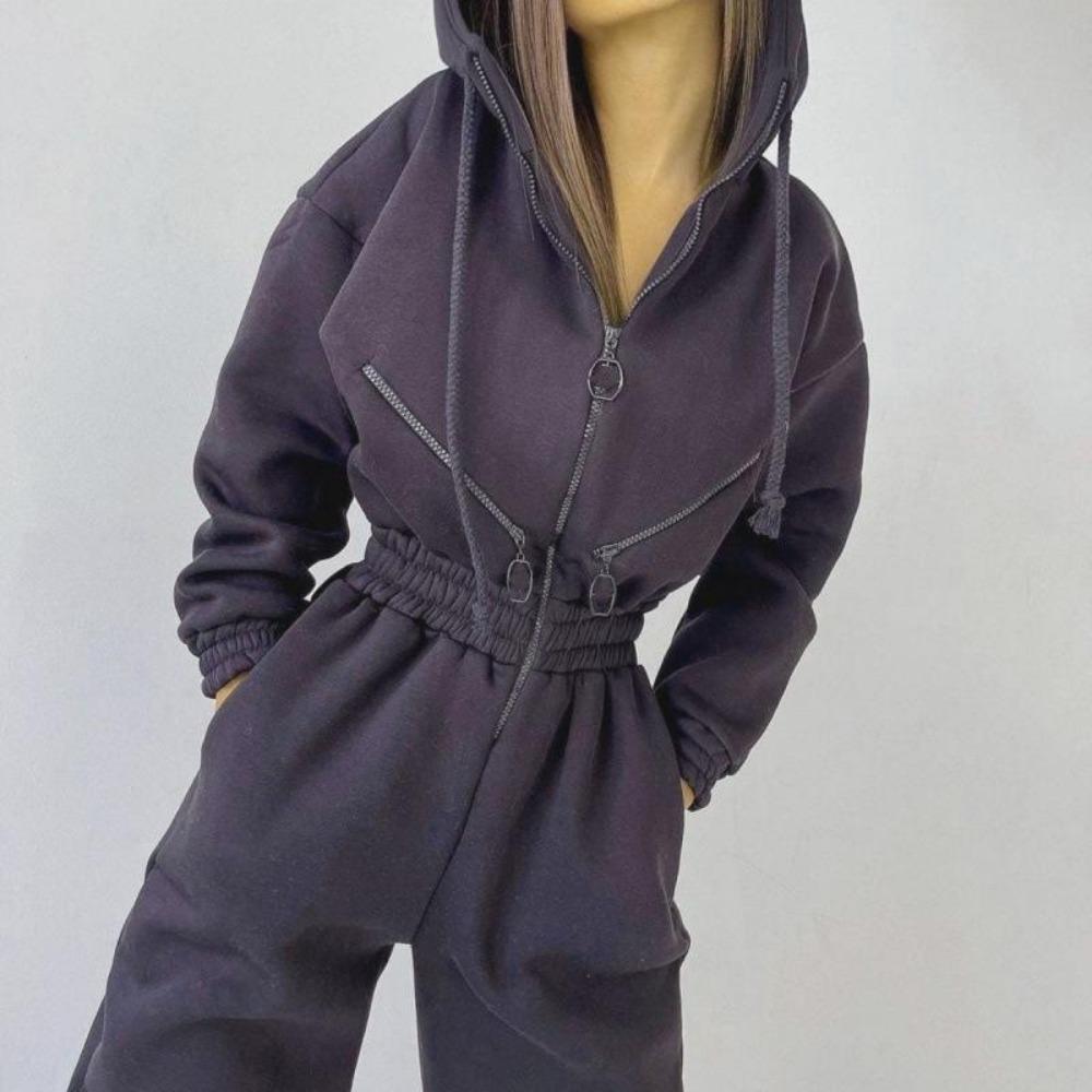 Sports Casual Women's Zipper Decorative Hooded Jumpsuit Jumpsuit
