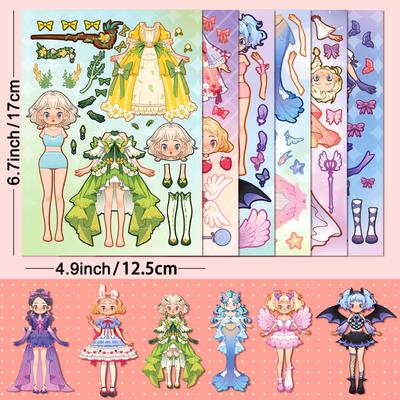 6 kusů roztomilých princeznovských samolepek v balení Samolepka na puzzle, změna obličeje, šaty, personalizované DIY vodotěsné samolepky