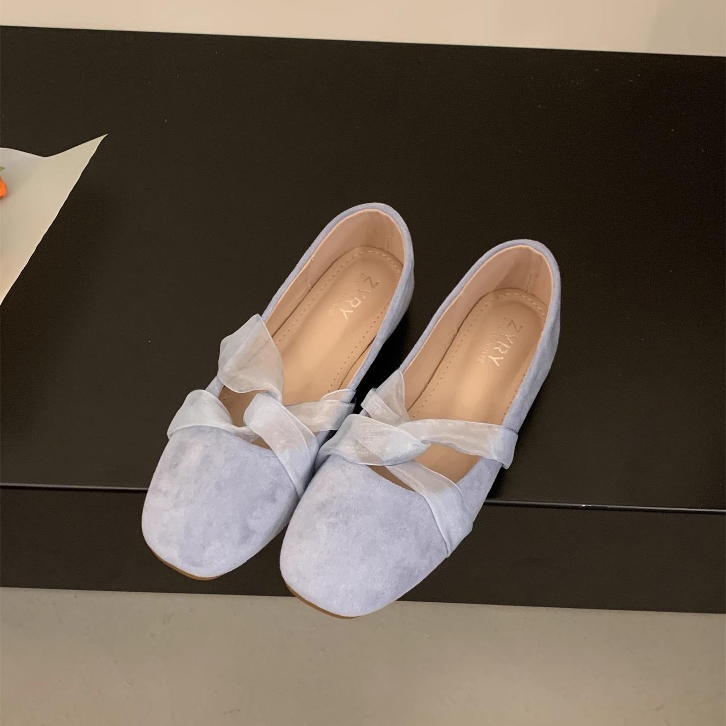 

Французские туфли-лодочки на плоской подошве, вечерние туфли с нежным ветром, кружевная перекрестная застежка, неглубокий вырез, квадратный носок, замшевые, универсальные, для通勤, балетки, одинарные туфли, женские 40 синий