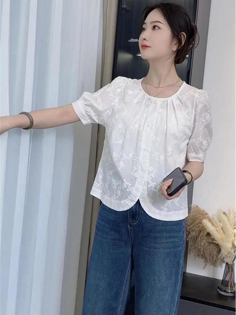 Women's Short-Sleeve French Top: 2024 Korean Style Embroidered Summer Blouse