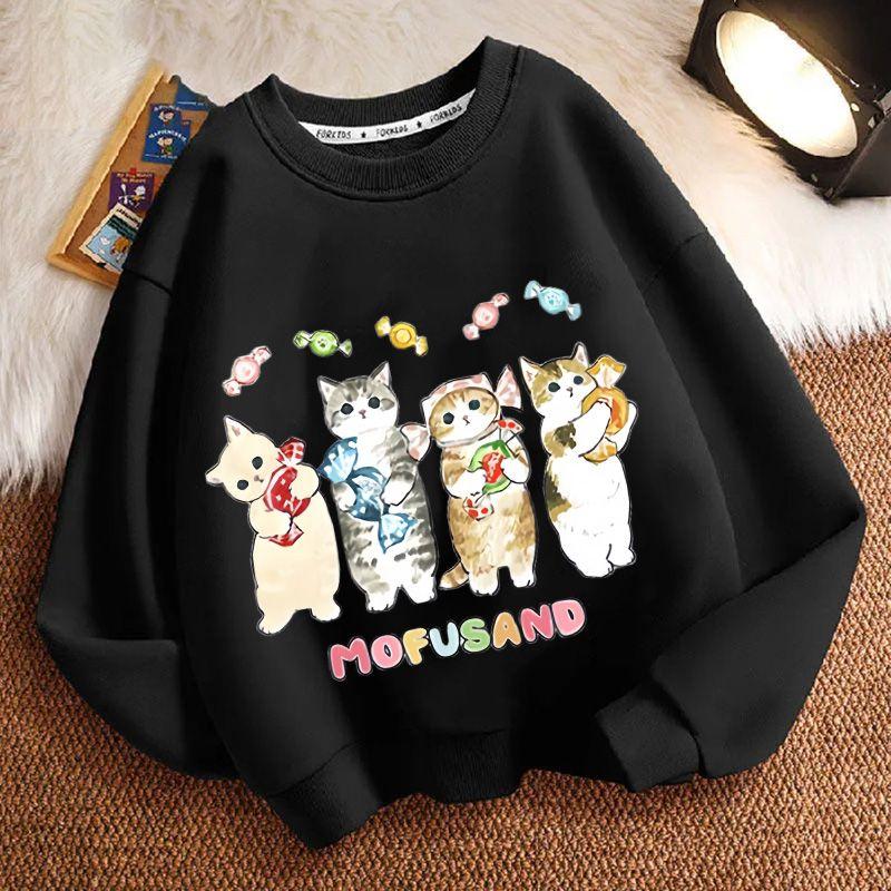 Cute Cat Round-neck Sweatshirt for Children, Fashionable Long-sleeved Casual Sweatshirt for Boys and Girls in Spring and Autumn
