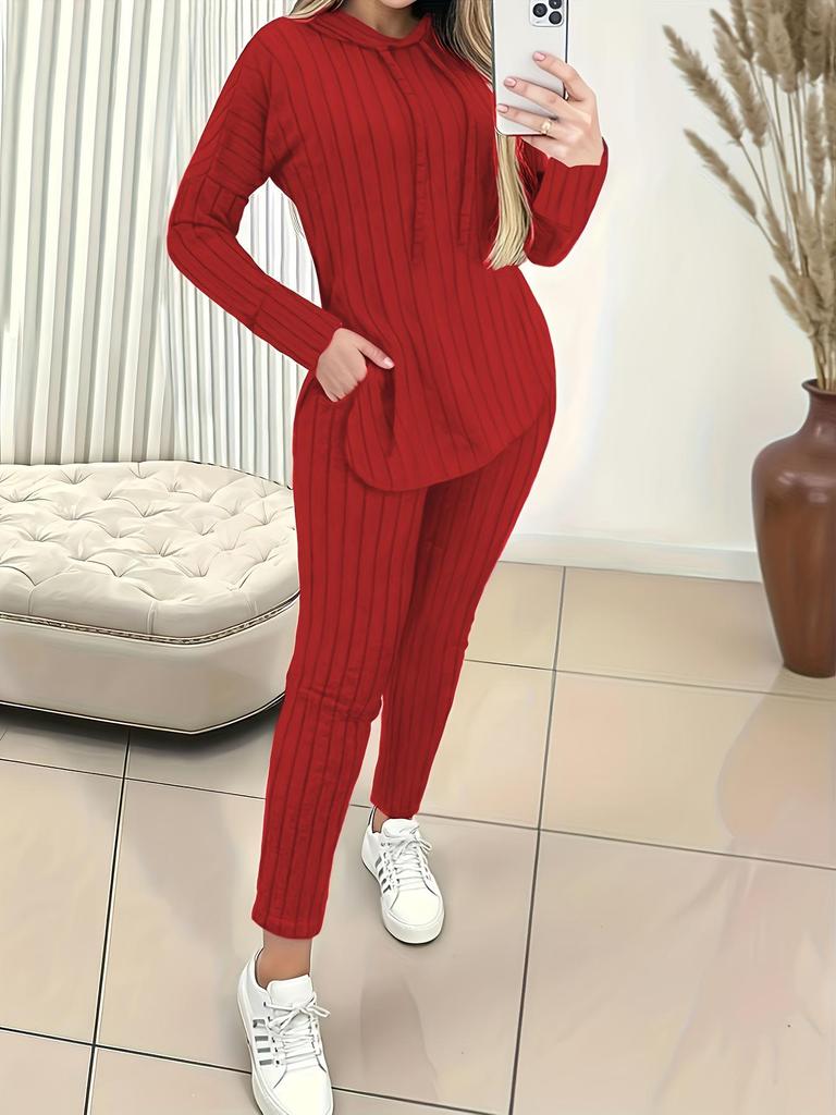 Damen Rippstrick Hoodie und Lange Hose Set Herbst/Winter 2025