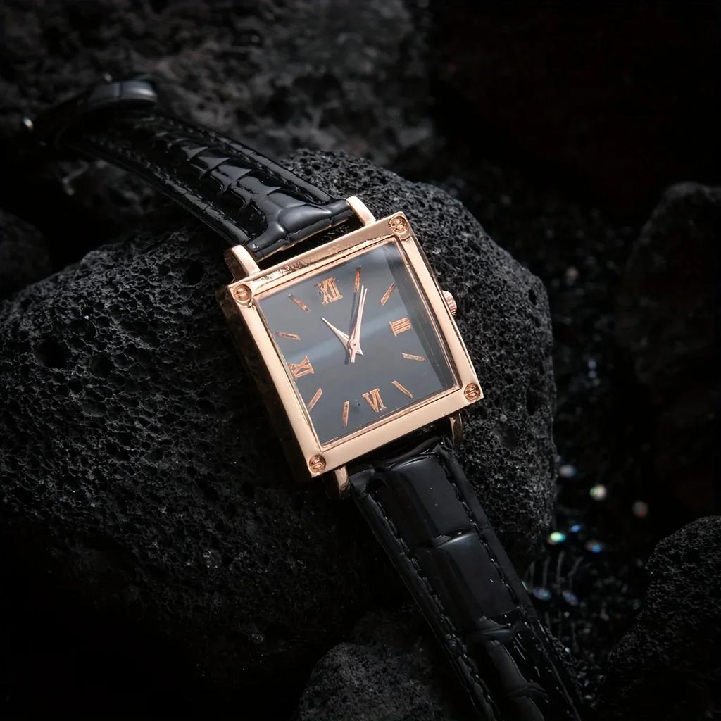 1pc-Fashionable and Minimalist Women's Square Belt Quartz Watch, Retro High-end Roman Watch