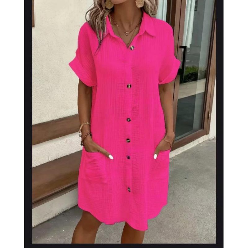 2026 Women's Mid-length Single-breasted Solid Color Short Sleeve Casual Dress