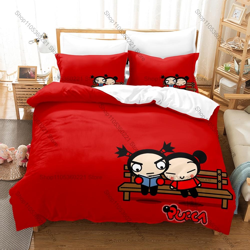Cool Cartoon Pucca & Garu Bedding Set 3 Piece Lovely Kpop Pattern Duvet Cover Set Single Twin Full Queen King Size Decor