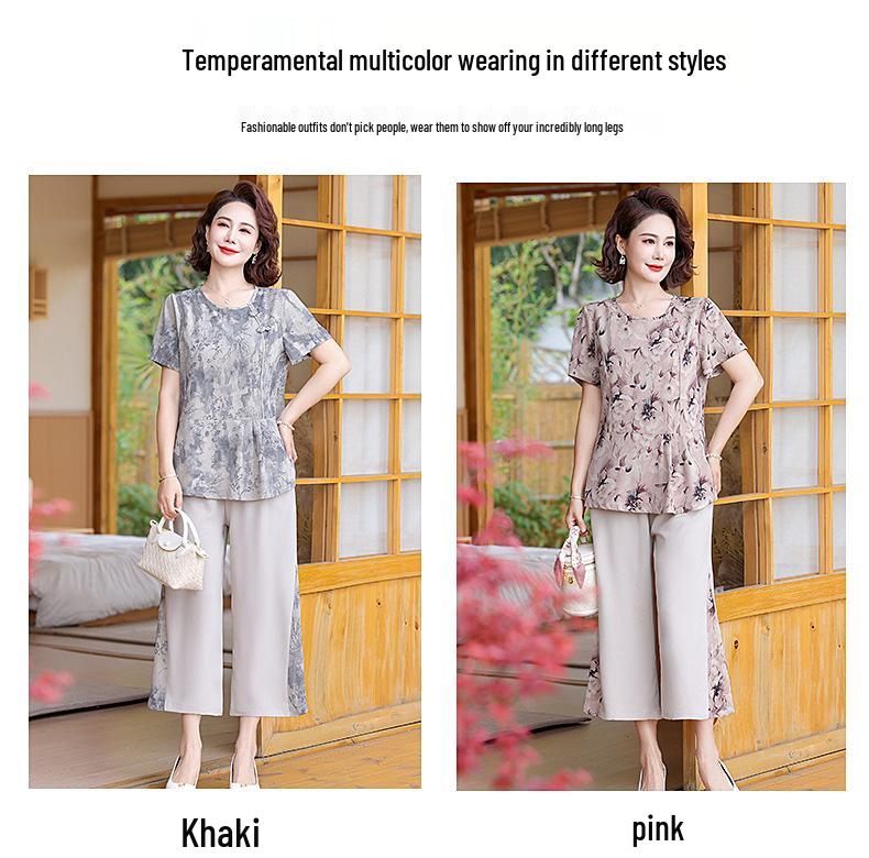 2025 Summer Chinese Style Top & Chiffon Short Sleeve Two-Piece Set for Middle-Aged Women