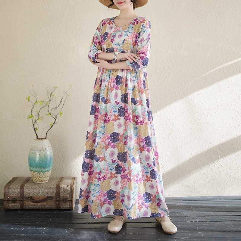 Literary Aging New Floral Vacation Style Travel Round Neck Long Sleeve Dresses
