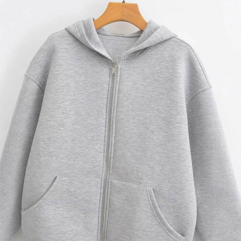 Womens Gray Oversized Hooded Sweatshirt Casual Loose Fit Zip-Up Jacket Streetwear Style