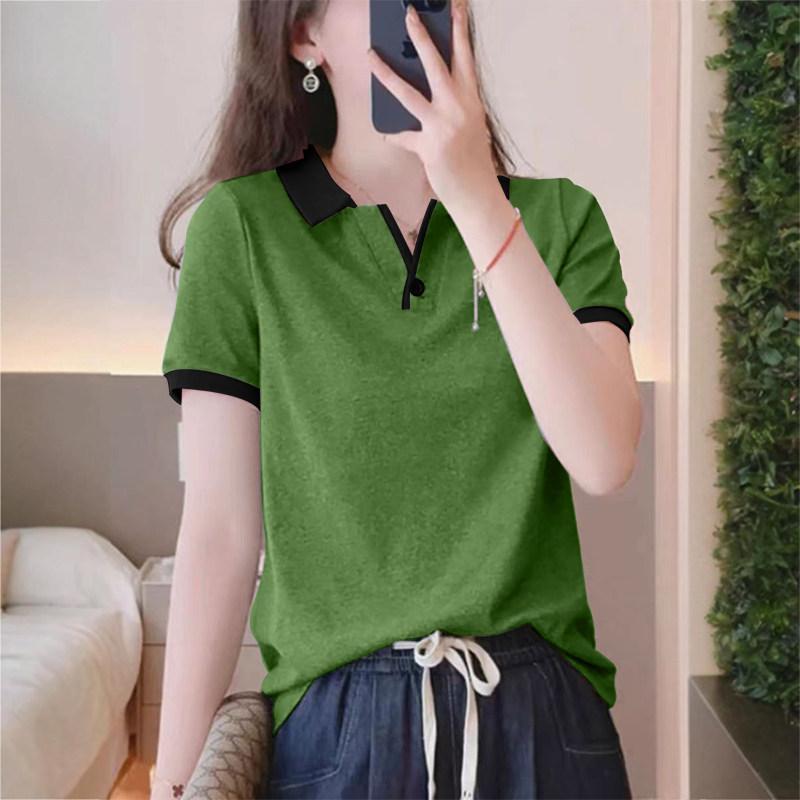 Lapel short sleeve t-shirt women's summer color block polo shirt top