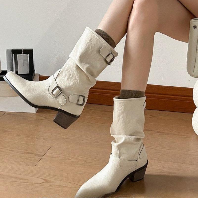 Fashion Metal Belt Buckle Block Heel Single Boots Women's Fashion Pointed Toe Pleated Anti-Slip Wear-Resistant Mid-Tube