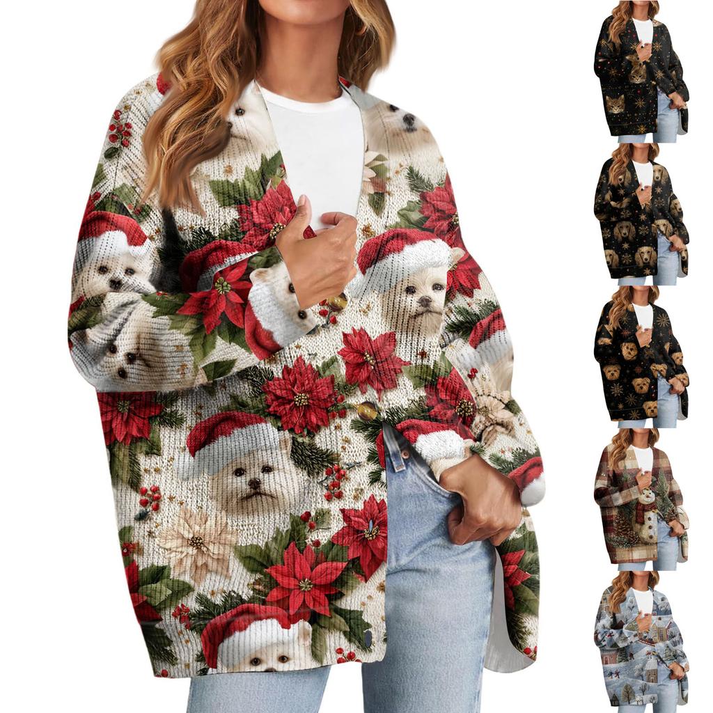 Women's Fashion Long Sleeve Christmas Print V-Neck Button Loose Cardigan Top
