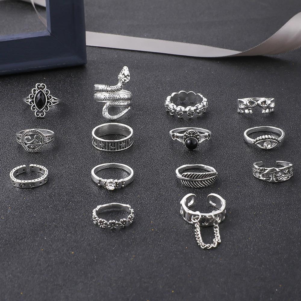 14-Piece Women's Ring Feather Flower Snake Hollow Ring Vintage Personality Accessories