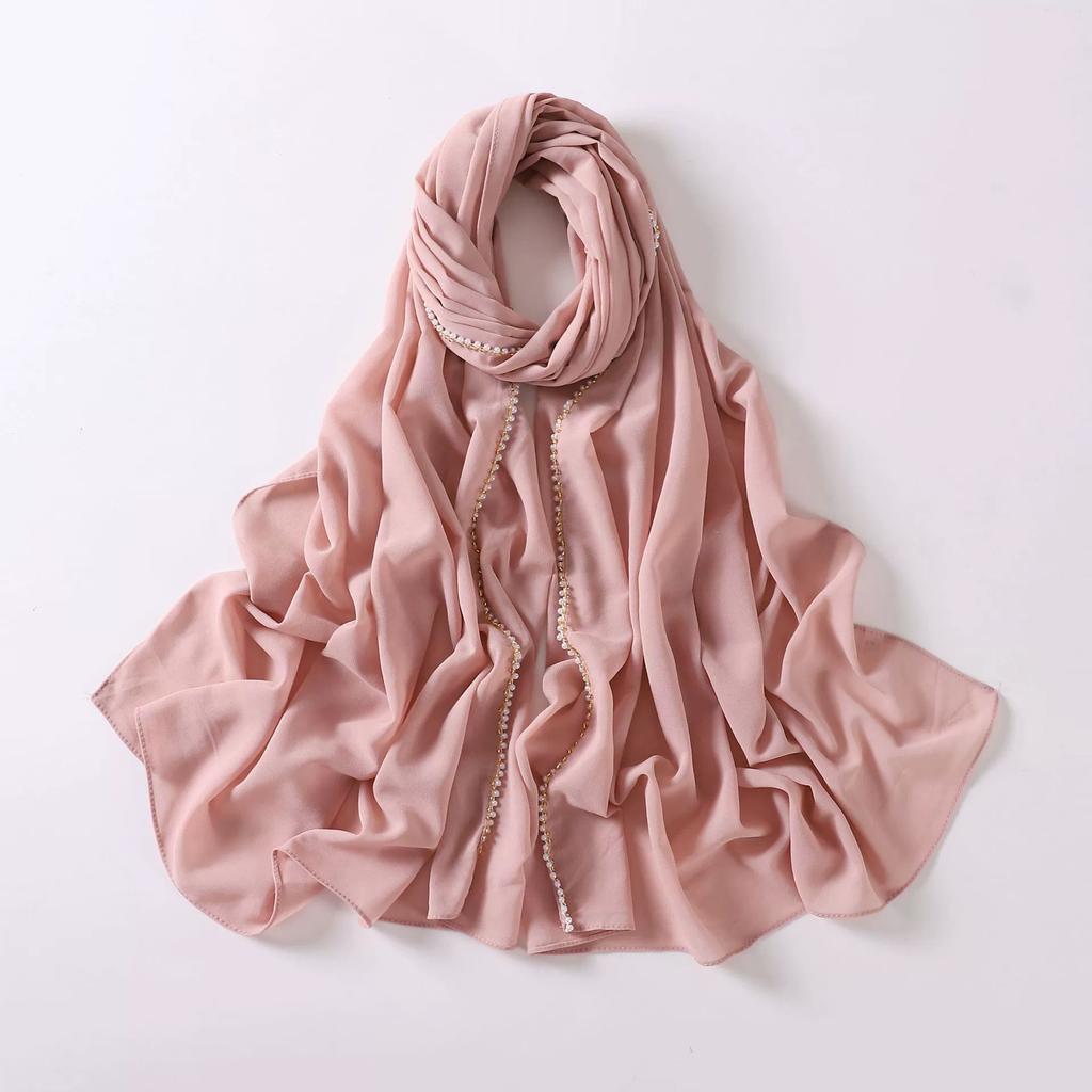New Pearl Chiffon Hijab Scarf Copper Chain With Black Crystal Pearls Women Muslim Fashion Hijabs For Women Ramadan Turban Femme