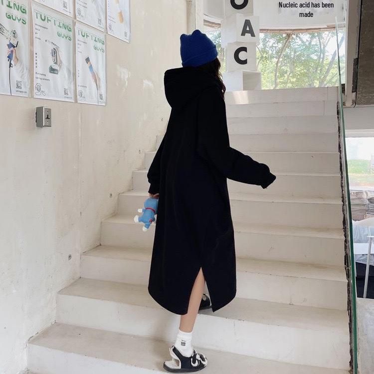 Women's Plus Velvet Thickened Hooded Sweater Dress: Long, Knee-Length, Loose-Fit, Lazy Style for Autumn and Winter