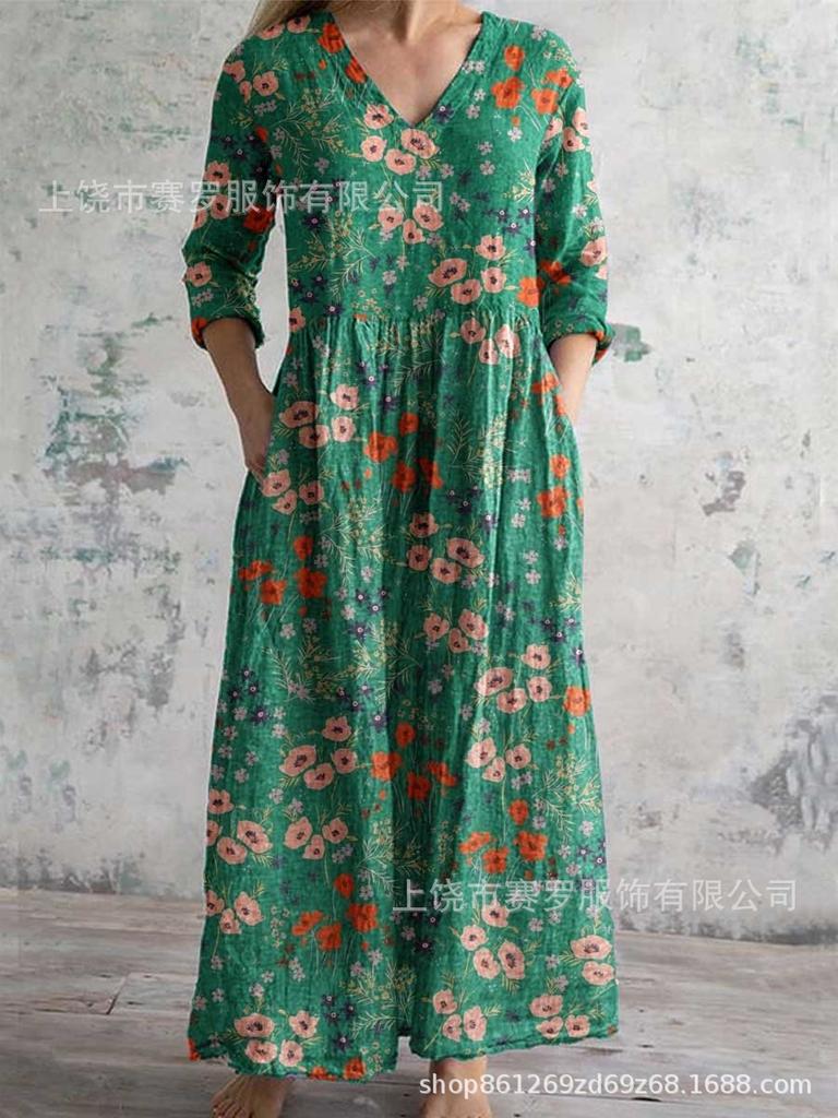 Damen Langarm V-Ausschnitt Maxi Kleid mit Streifenmuster, Knöchellanges Fließendes Kleid, Lässig Elegantes Kleid