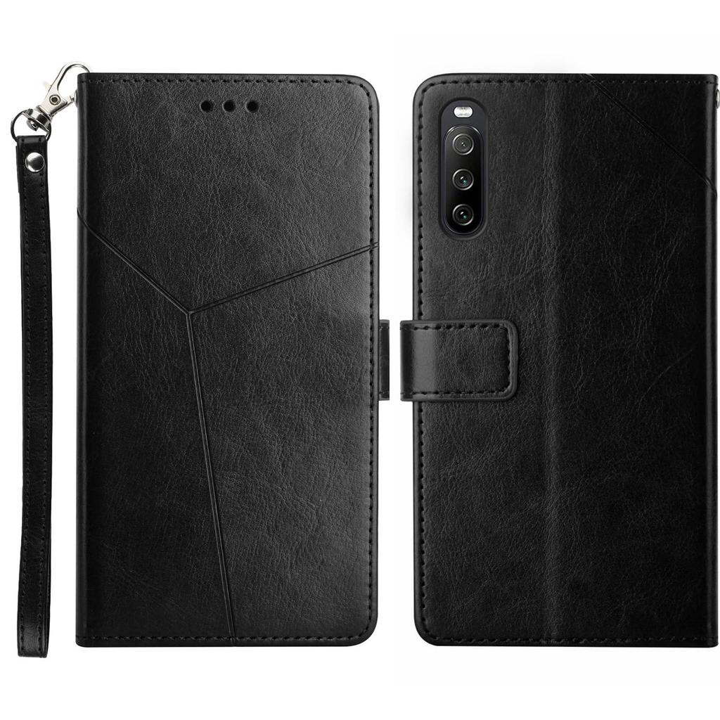 For Sony Xperia 10 VI Case with Wrist Strap Y Shaped Lines Imprint Leather Phone Cover