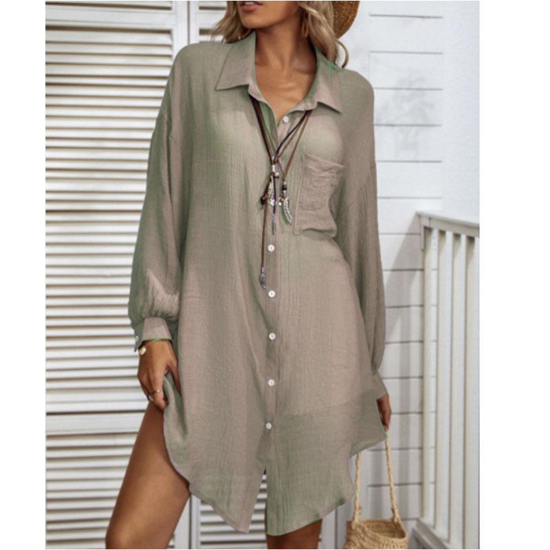 

Весняно-літня сорочка, бавовна, льон, бамбукова тонка блуза, однотонний кишеньковий однобортний топ з довгими рукавами для жінок XXL