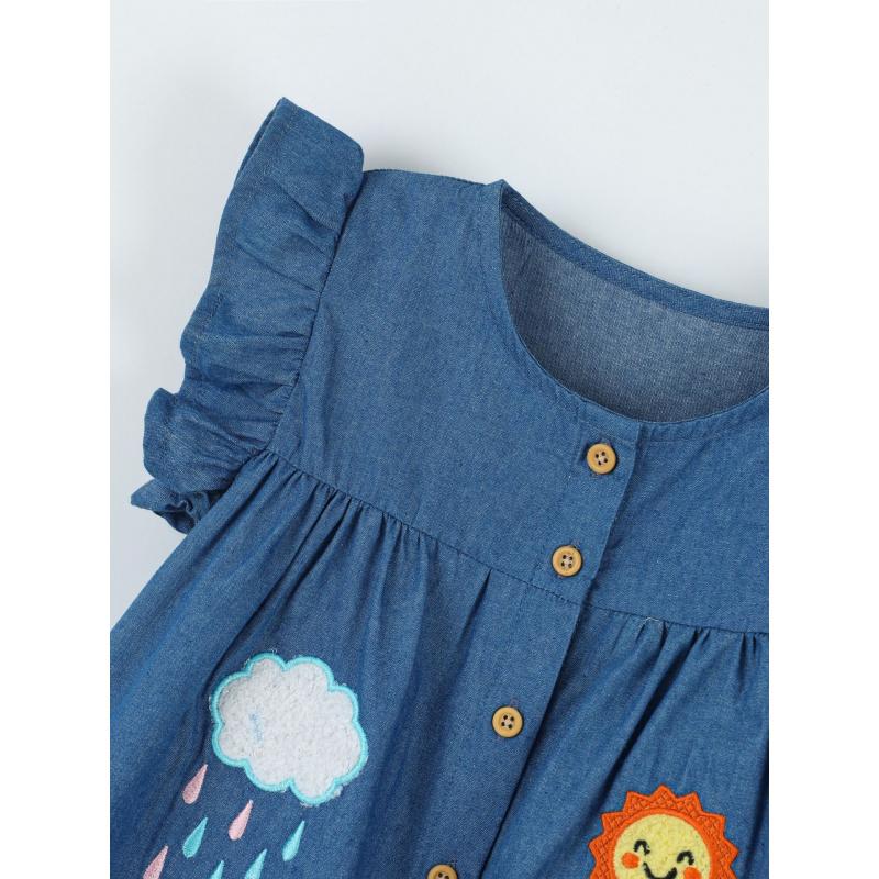 Short-Sleeved Denim Dress Summer Children'S Dress With Appliqué Embroidery Cartoon Fashion Lace Sleeves Children'S Dress