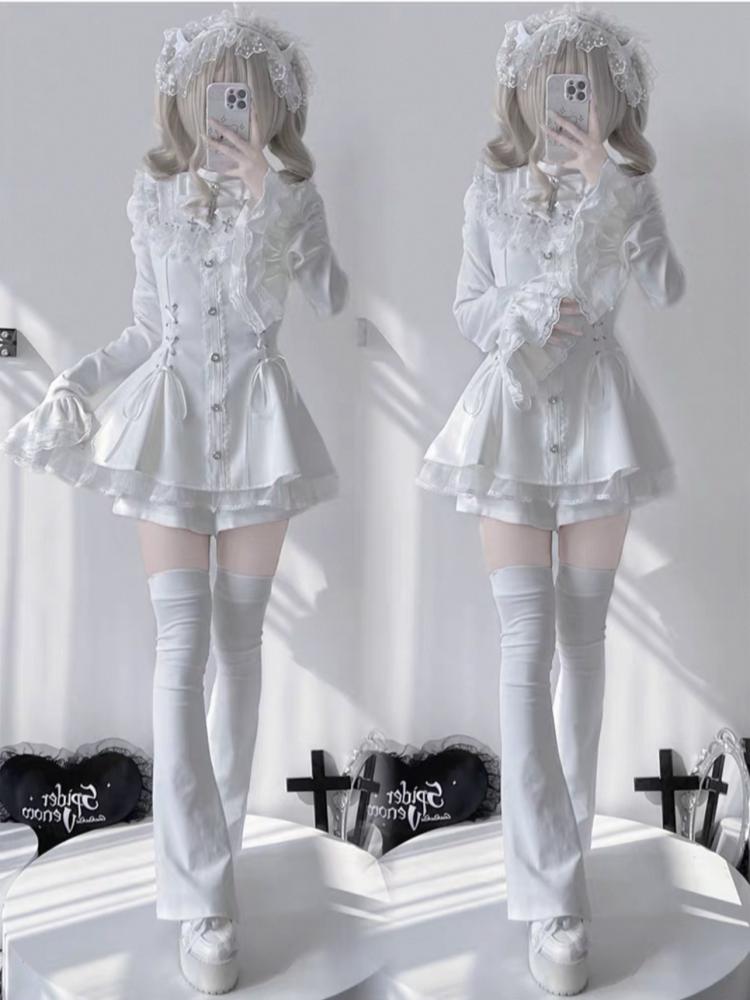 Gotické Vintage Horká Dívka Slim Patchworkové Šaty Ženy High Street Krajka Skinny Šaty s Dlouhým Rukávem Francie Sladké Bílé Oblečení Nové