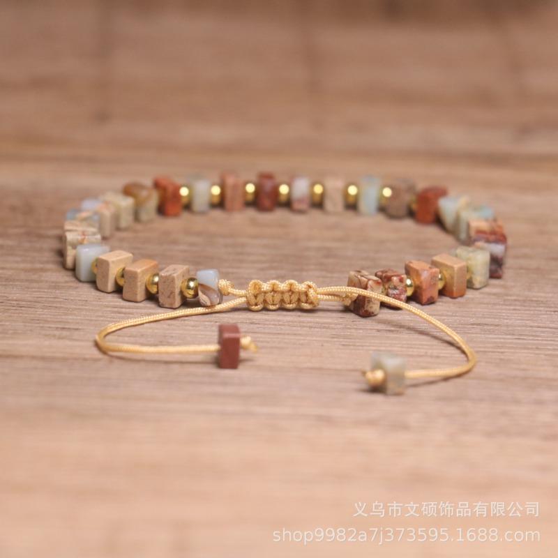 Mixed Natural Stone Square Bead Bracelet – Gold Accent Adjustable Boho Jewelry, Earthy Healing Gift for Women