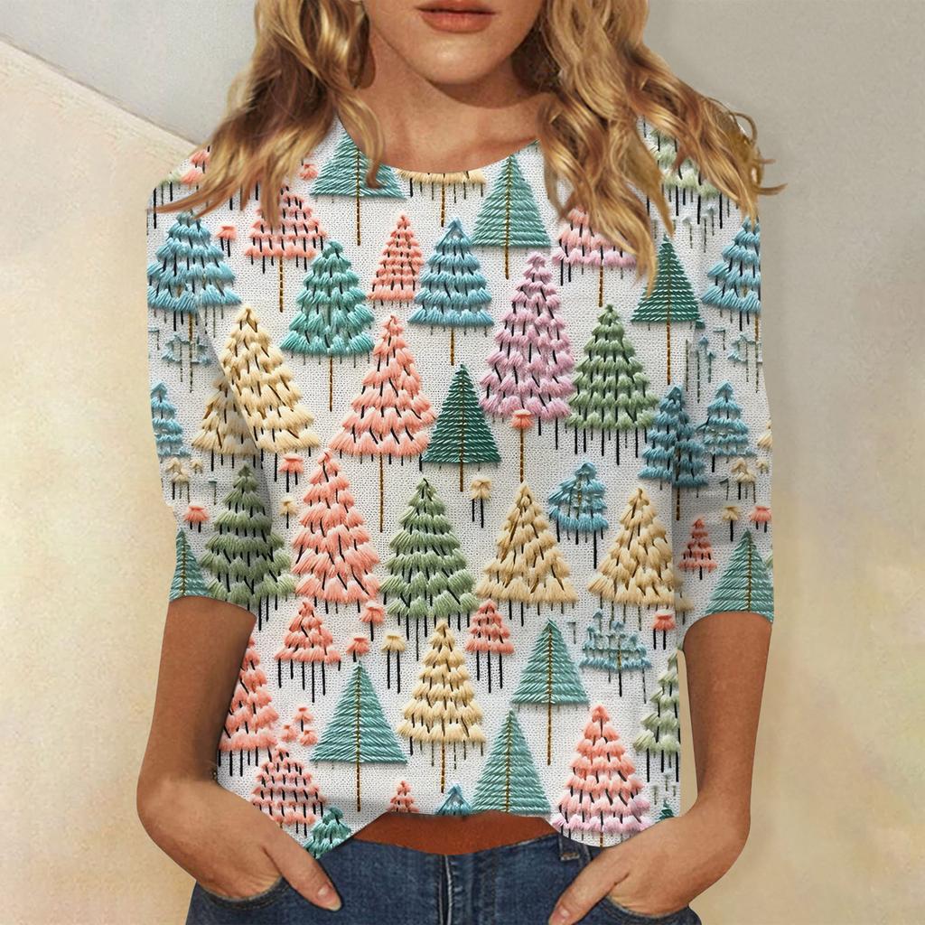Women's Fashionable Casual Three-Quarter Sleeve Christmas Print Round Neck Top