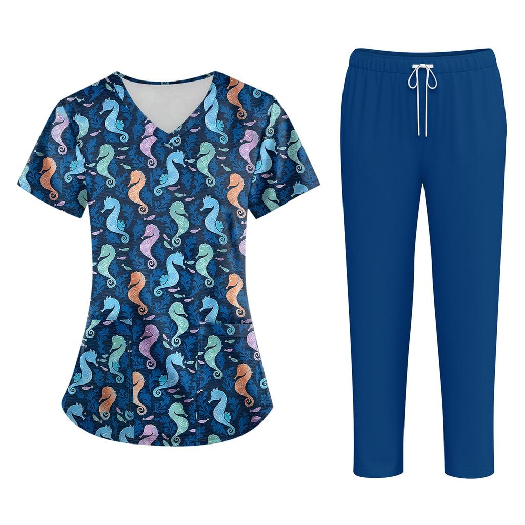 Plus SizePrinted Scrub Working Uniform Tops For Women's Cross V-Neck Halloween Print Short Sleeve Fun T-Shirts Workwear Tee With Pockets