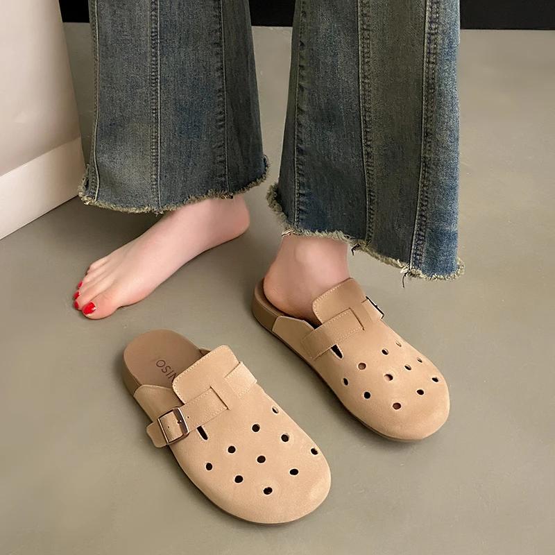 Fashion Ladies Shoes 2025 Closed Toe Women's Slippers Retro Casual Slippers Women Round Toe Buckle Hollow Flat with Plus Size Sandals