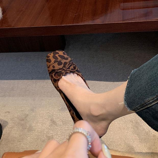 Super Soft Lambskin Leopard Print Genuine Leather Mary Jane Single Shoes Women's French Bow Ballet Style Flat Shoes Soft-soled Ladyshoes