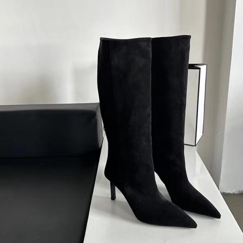 

SUOJIALUN Brand Women Long Boots Fashion Pointed Toe Slip On Ladies Elegant Knee-high Boots Thin High heel Outdoor Dress Pumps 35