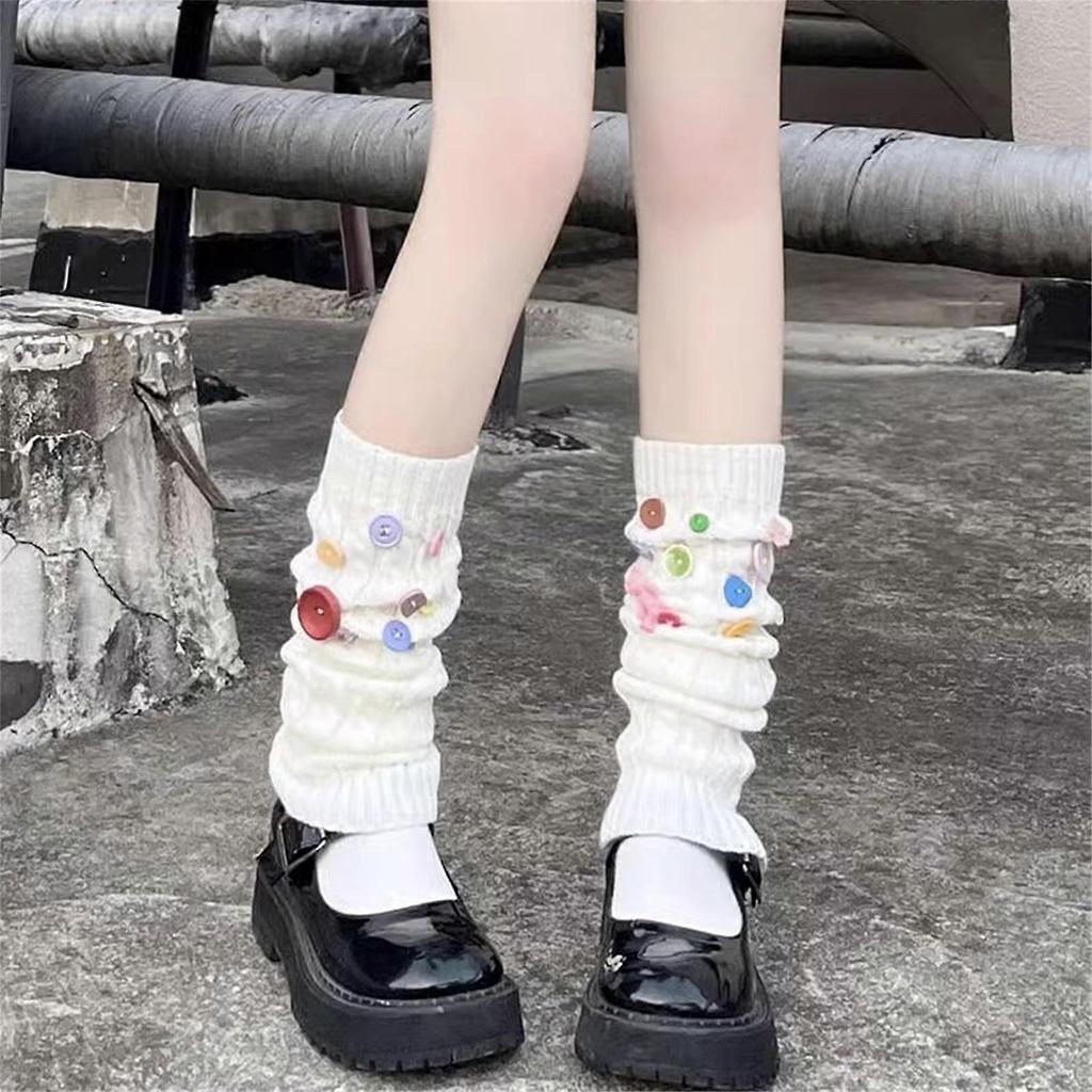 Colorful Button Stackable Socks Women Leg Warmers Comfortable Claf Length Stockings for Fashion-forward Individuals White