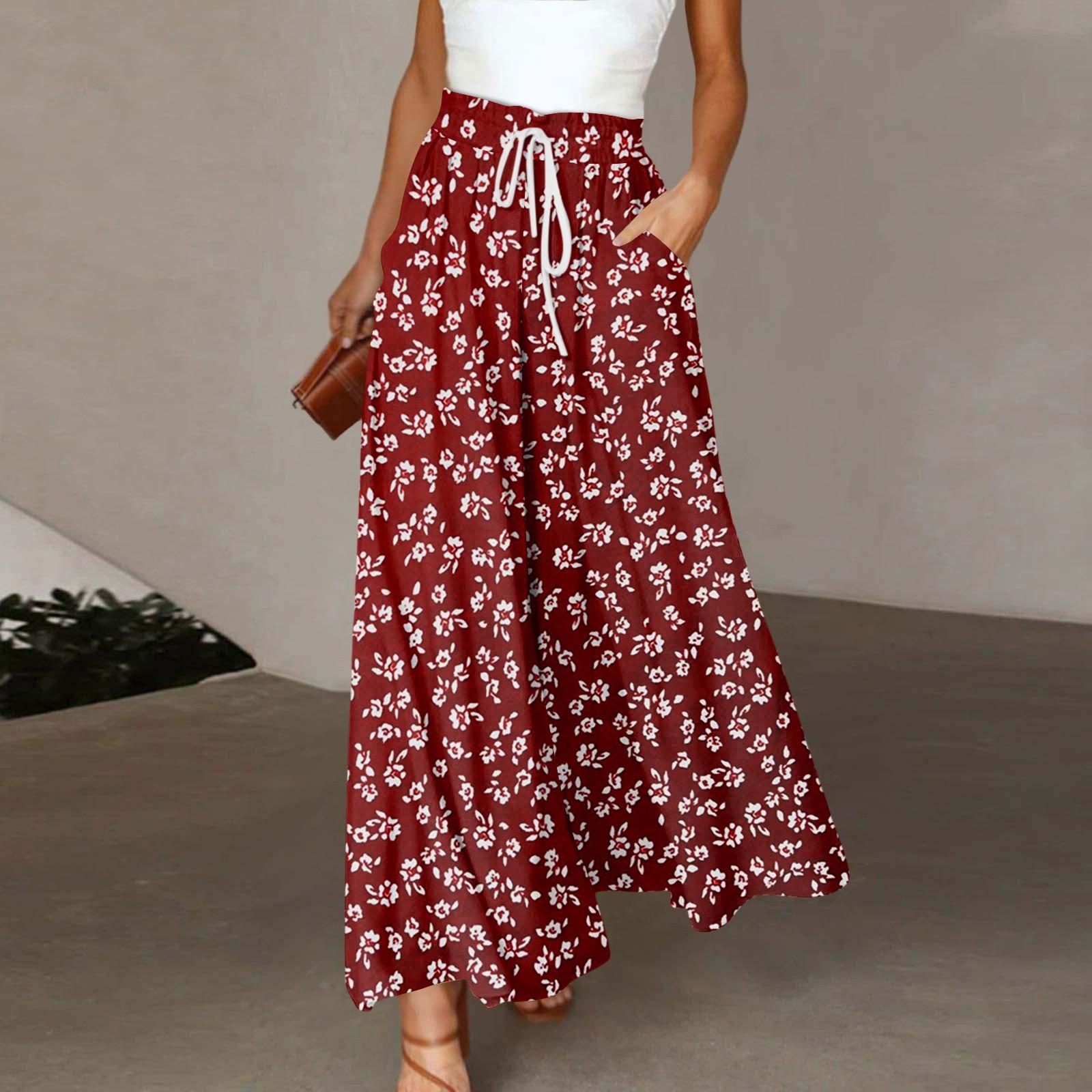 

Женские широкие брюки с высокой талией, летние повседневные свободные брюки с карманами, пляжные брюки с принтом L красный