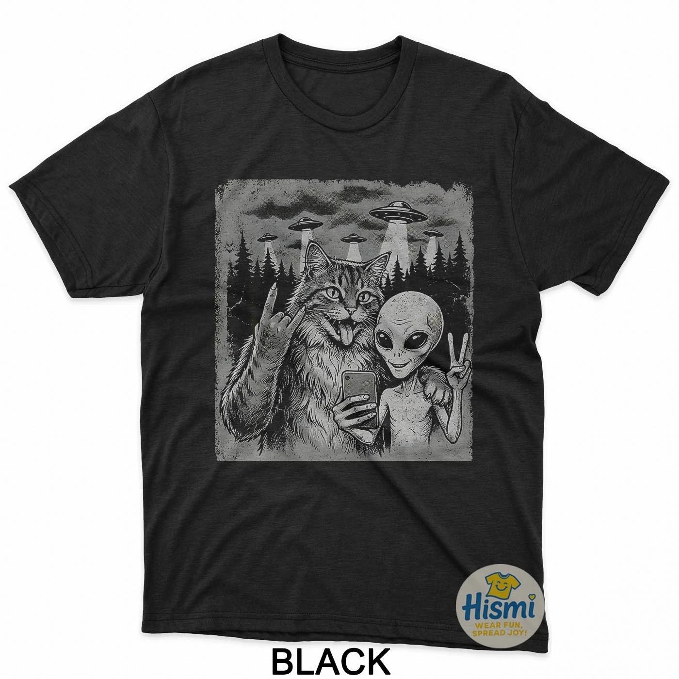 Funny Cat And Alien Rock On Hand Sign Ufo Selfie T-Shirt 4XL