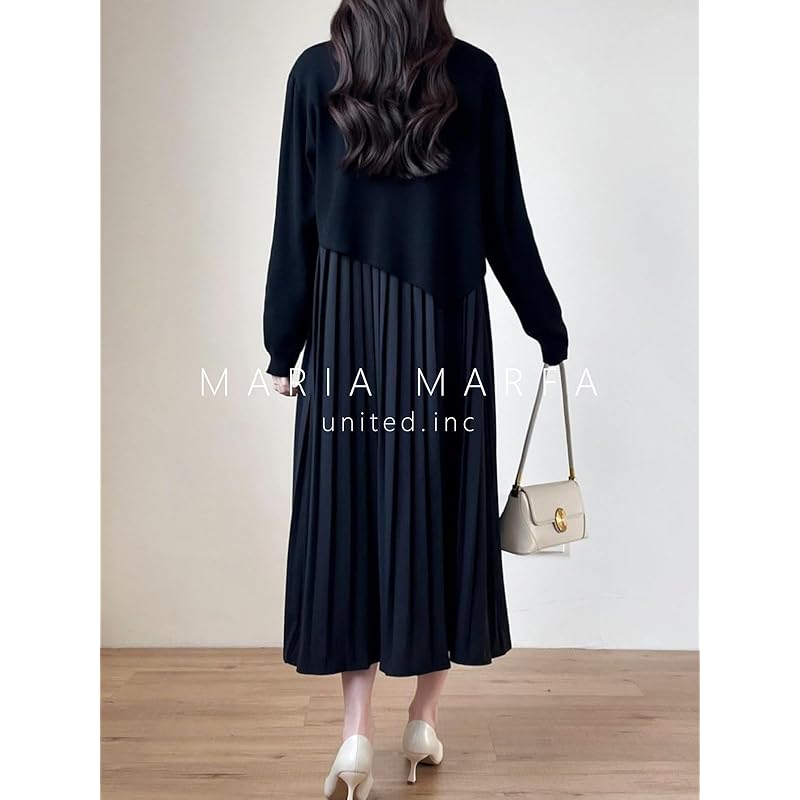 [MARIA MARFA] 2 piece set ladies knit one piece spring autumn long length casual large size Larger long sleeve black 5S-M04-BKL