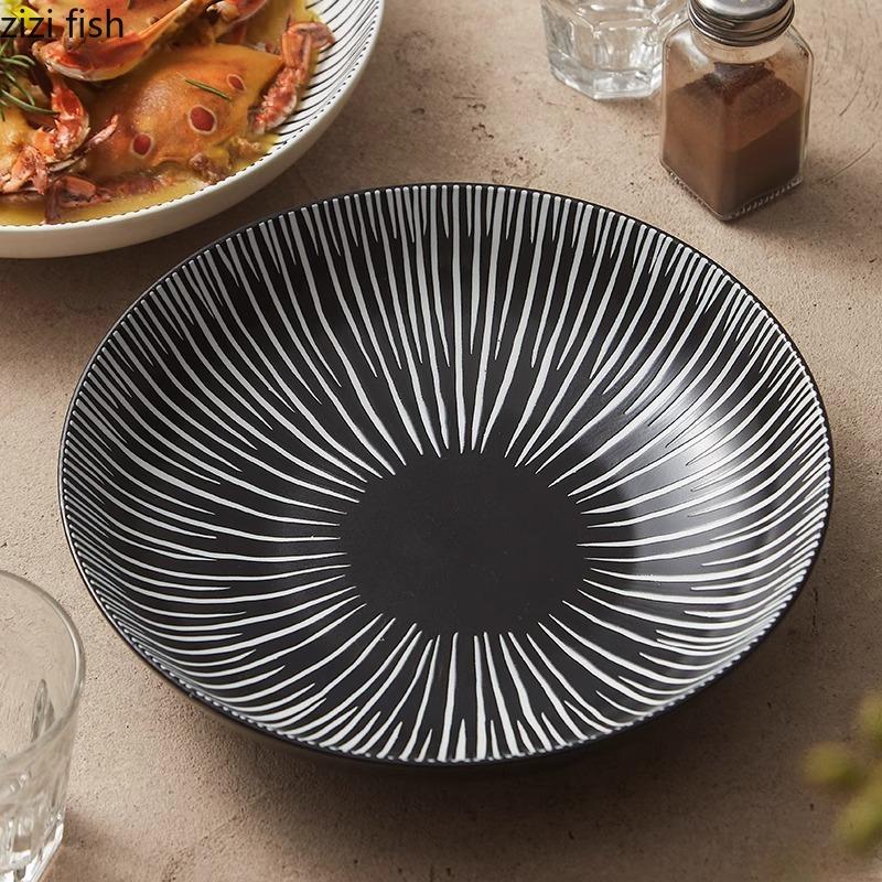Irregular Striped Ceramic Salad Plate Creative Deep Plate Thick Soup Plate Dessert Plates Restaurant Underglaze Color Tableware