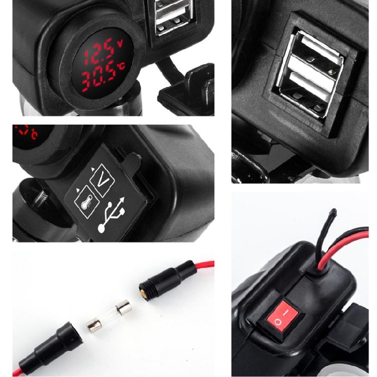 Doppel-USB-Motorrad Digitaler Wassertemperaturmesser Voltmeter + Thermometer Telefonladegerät