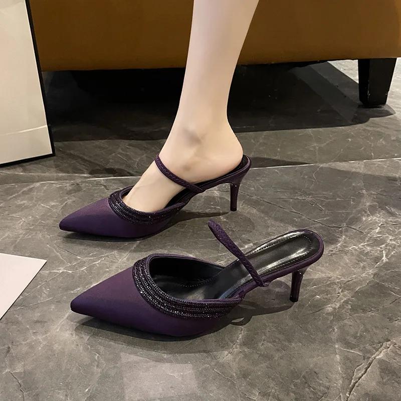 Fashion Pointed Purple Fine Heel Water Diamond Shoes Women Fashion Silk Sandals French Sexy High Heels Designer Sandals Zapatos Mujer