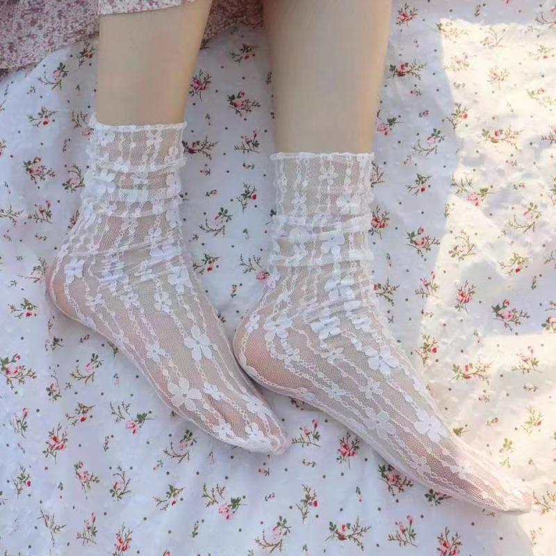 Women Sexy Lace Flower Fashion Ultra-thin Transparent Hollow Out Mesh Socks Summer Japan Style Harajuku Long Socks