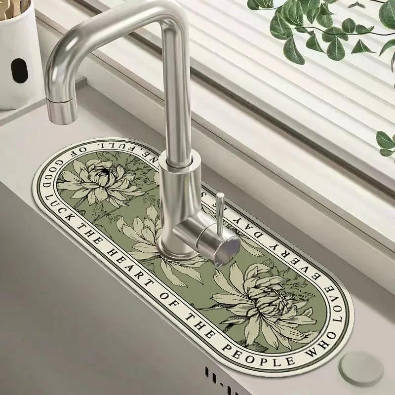 Faucet Drain Pad Retro Self-priming Kitchen Countertop Drain Mat Diatom Mud Wipeable Anti-slip Mat Absorbent Dish Drying Mat
