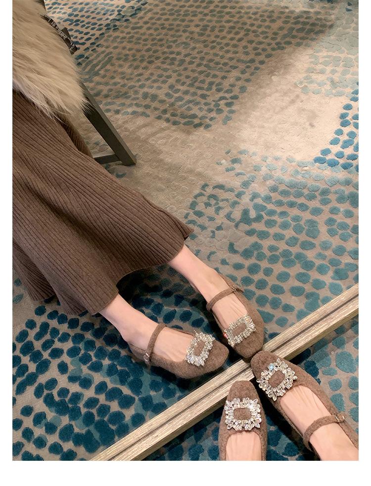 Wool Version~ Diamond Buckle Small Square Head with Woolen Thick Heel Mary Jane Single Shoes Women's Spring Leather Small Heels Ladyshoes
