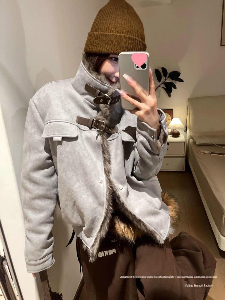 American Style Fluffy Patchwork Stand Collar Plus Velvet Casual Thickened Autumn/Winter Jacket