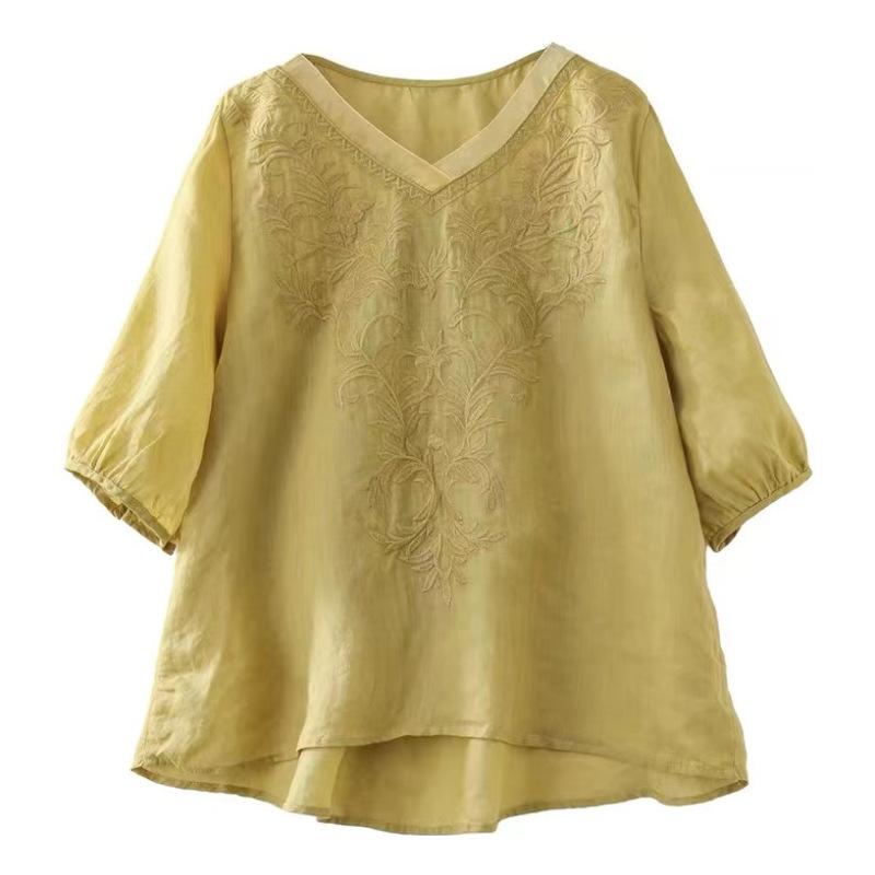Cotton Linen Woman Blouses Blusa Mujer Embroidery V-Neck Solid Vintage Women's Clothing Shirts Blouse Summer Casual Camisas