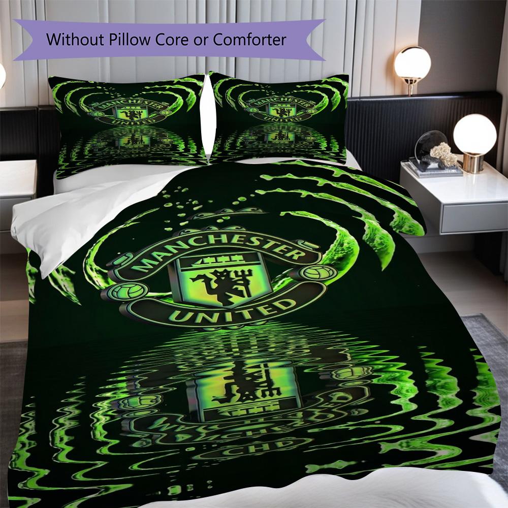 Manchester Emblem Glow Dreiteiliges Set (1 Bettbezug + 2 Kissenbezüge, ohne Füllung) 2D Flachbettwäsche-Set Weich und bequem