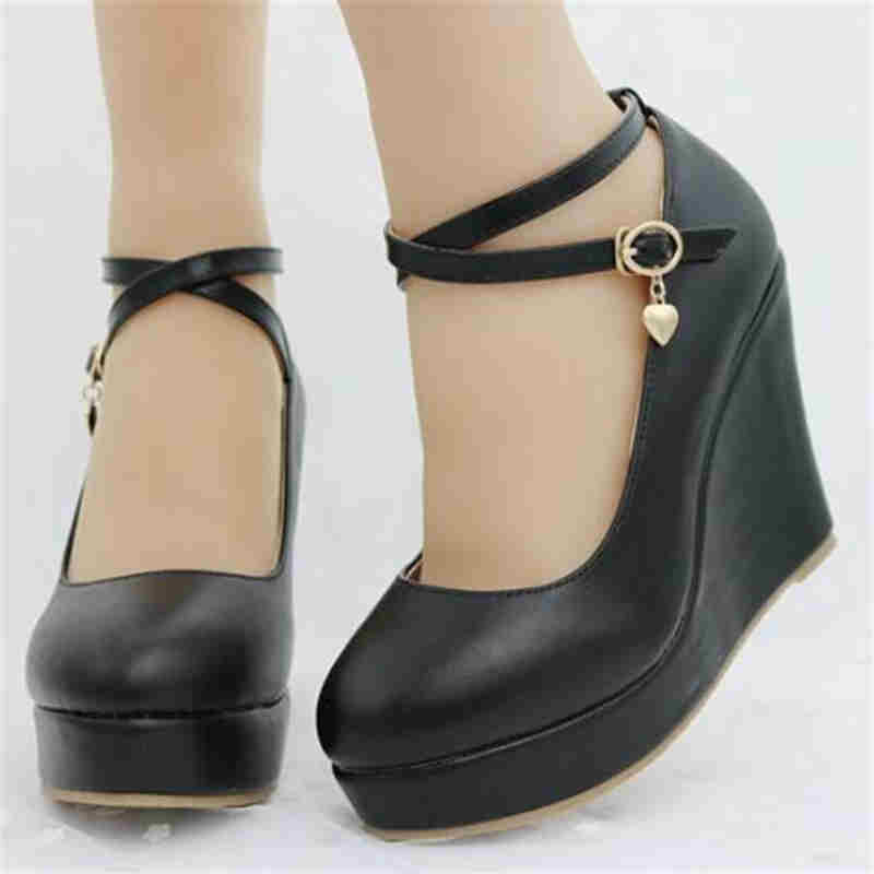 Fashion Ankle Strap Platform Wedges Women High Heel Shoes Woman White Party Wedding Shoes Mary Janes Women's Pumps 33-43