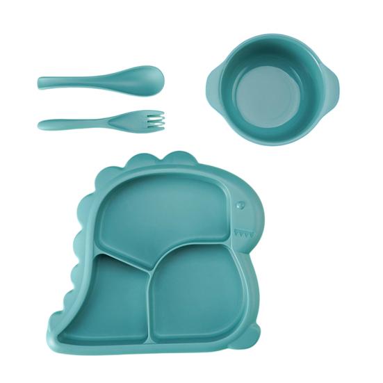 

4Pcs/Set Dinner Plate Dinosaur-Shaped Divided Plate Including Bowl Spoon Fork Ergonomic Baby Feeding Utensils Easy to Clean Safe for Kids зелений