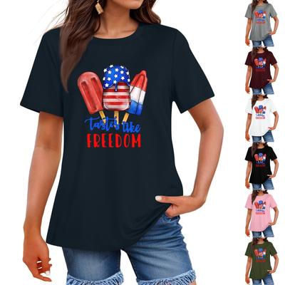 Women's Fashion Independence Day  Printed Round Neck Short Sleeved Casual T-shirt Top